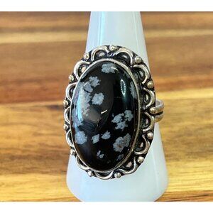 Handmade sterling silver ring, natural oval snowflake obsidian gemstone, size 10